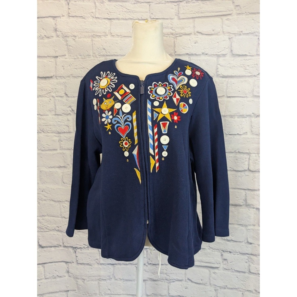 Bob‎ Mackie Large Art Embroidered Zip Up Cardigan 3/4 sleeve 100% Cotton Navy